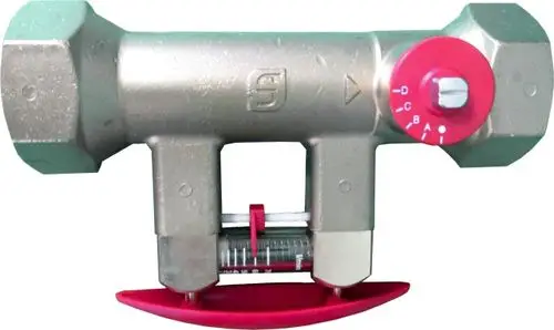 Hydraulisches Abgleichventil mit Innengewinde, aus Metall gefertigt, mit Einstellknopf und Durchflussanzeige, hergestellt von Wolf.